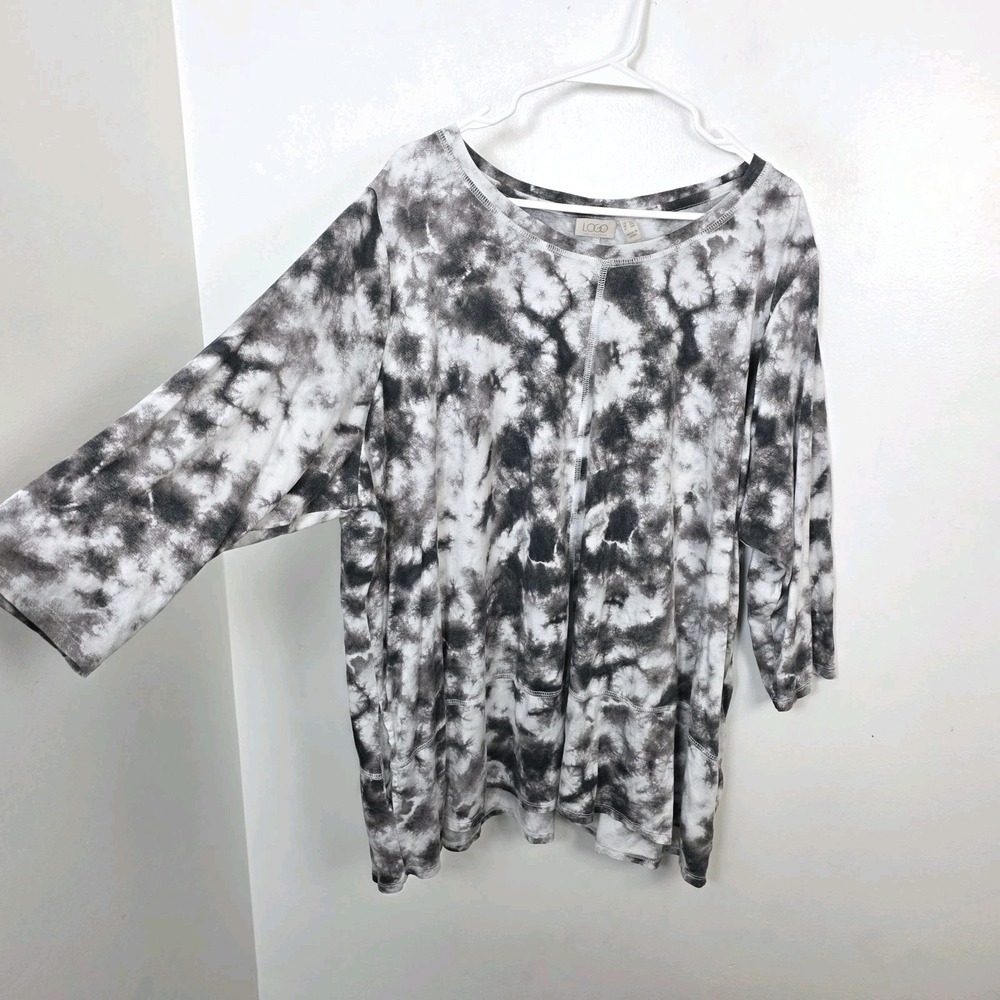 Logo Lori Goldstein White Gray Tie Dye 3/4 Sleeve Lagenlook Boho Shirt Size 4X
